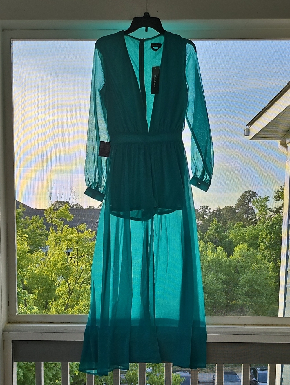 bebe Teal Sheer Long-Sleeve V-Neck Maxi Dress